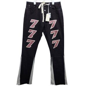 Mmi 777 Graphic Mens Button-Fly Black Jean Grey Panels Drawstring Waist Size 38